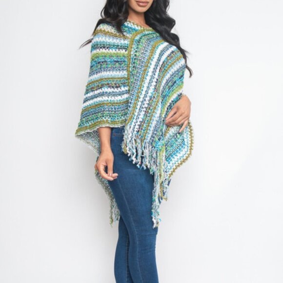 In stock! BLUE MULTI COLOR PONCHO SWEATER - Picture 4 of 4